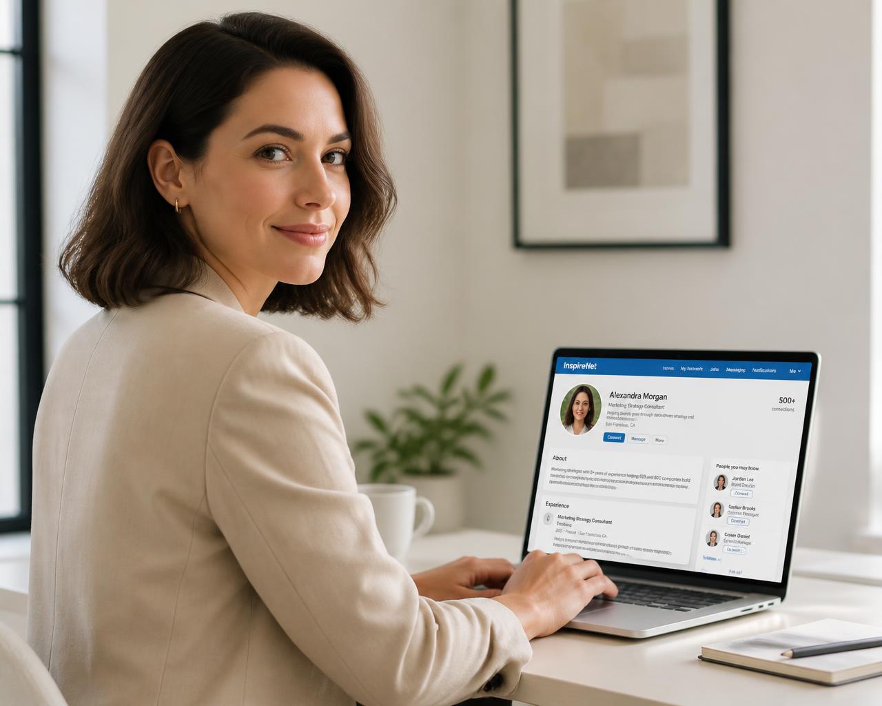 Professional optimizing her LinkedIn profile on a laptop